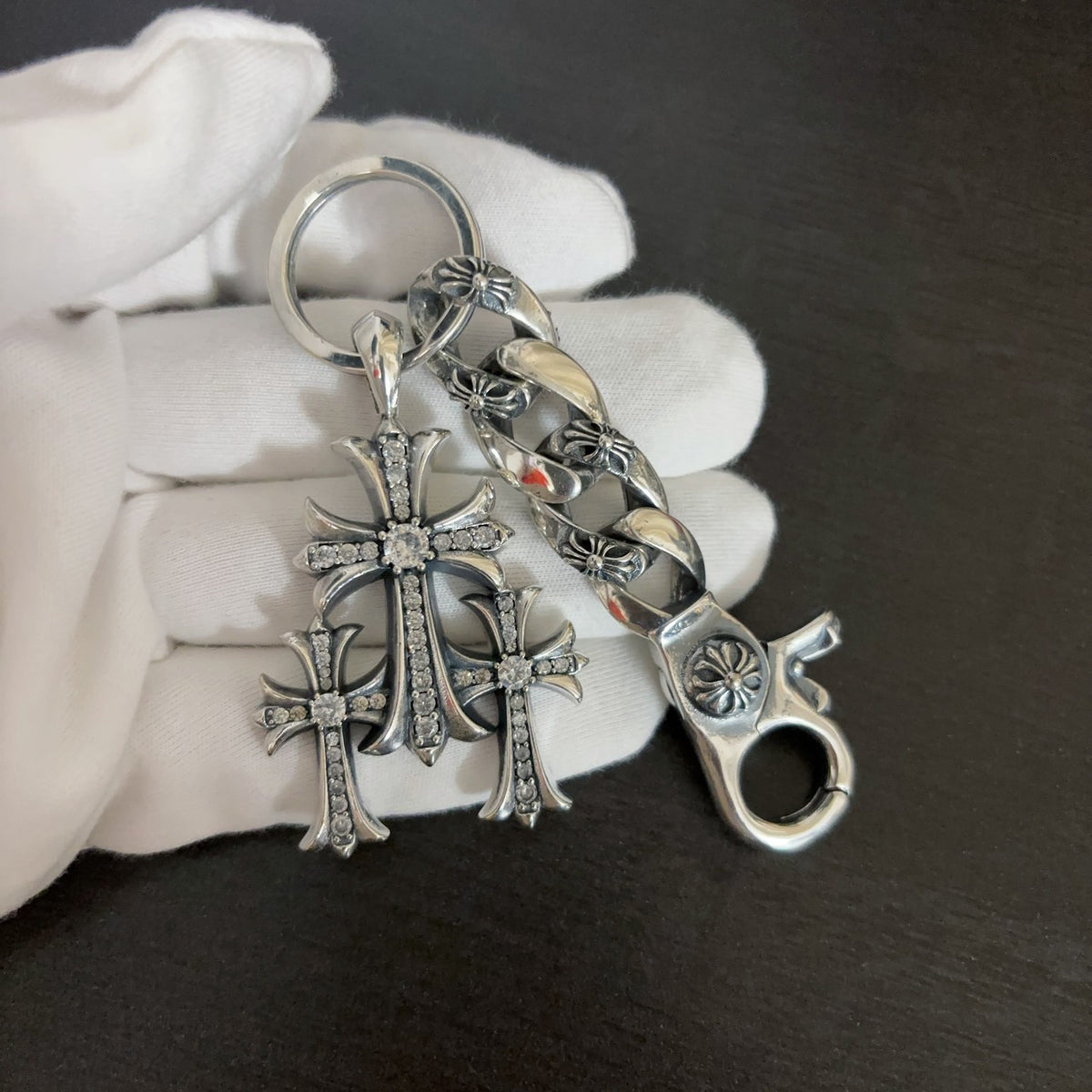 Vintage Thai Silver Three-in-One Cross Pendant Accessory, Trendy Hip-Hop Punk Style Personalized Charm, Couple Keychain