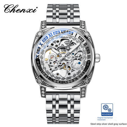 Dress: Vintage Engraved Mechanical Watch Men's Leather Waterproof Hollow-Out Fashion Style Men's Watch