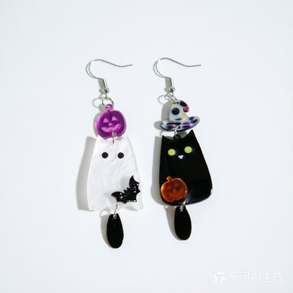 Halloween Black and White Ghost Pumpkin Bat Acrylic Earrings, Quirky Minimalist Design Creative Earrings