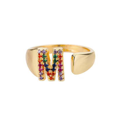 🎁 18K Gold Plated Micro Pave Colorful Zircon Letter Ring with 26 Letters Open Design (15% off)