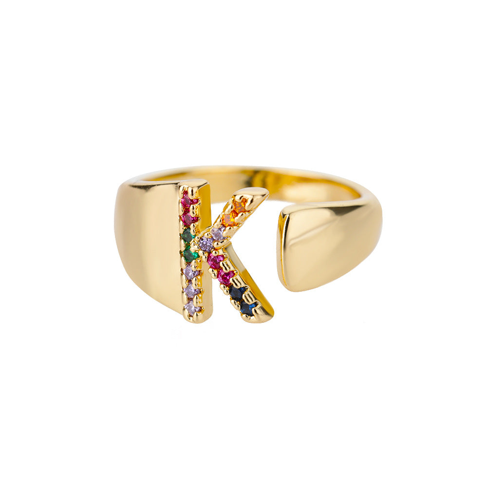 🎁 18K Gold Plated Micro Pave Colorful Zircon Letter Ring with 26 Letters Open Design (15% off)