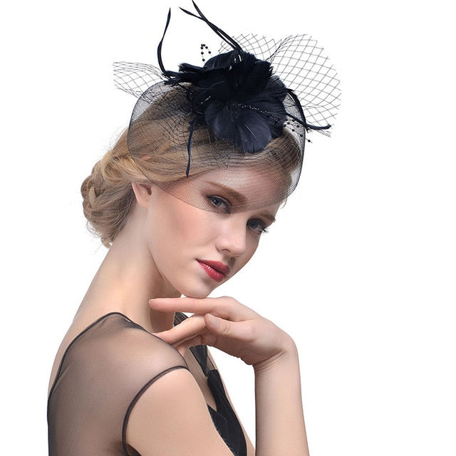 WELROG Feather Cap Lady Cocktail Dinner Party Fedoras Wedding Bridal Mesh Veil Hats Vintage Sombreros Chapeau Fascinators Hat