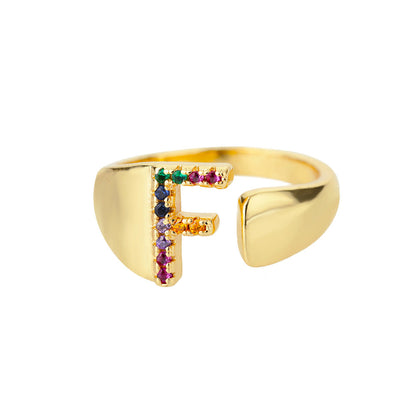 🎁 18K Gold Plated Micro Pave Colorful Zircon Letter Ring with 26 Letters Open Design (15% off)
