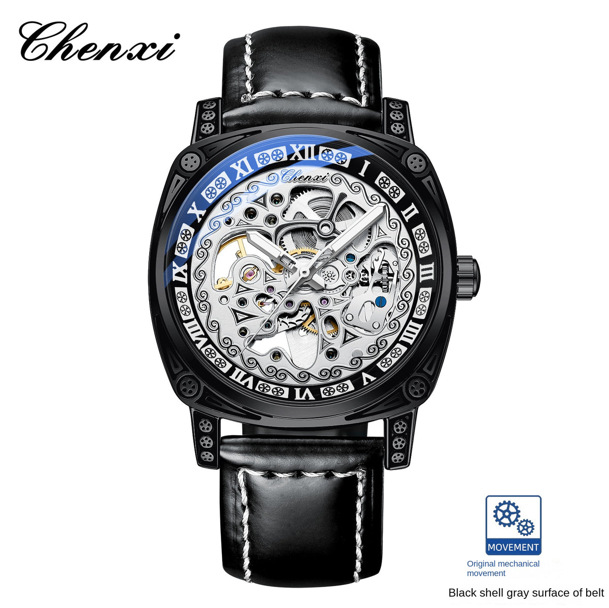 Dress: Vintage Engraved Mechanical Watch Men's Leather Waterproof Hollow-Out Fashion Style Men's Watch
