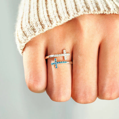 Double layered cross blue and white diamond open ring