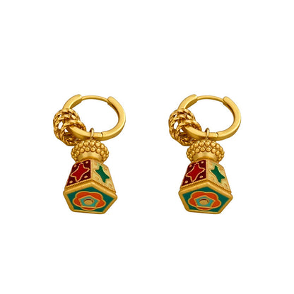 Chinese-Style Retro Enamel Oil-Drip Earrings for Women, Unique Design, Elegant and Chic, Luxury High-End Vintage Jewelry