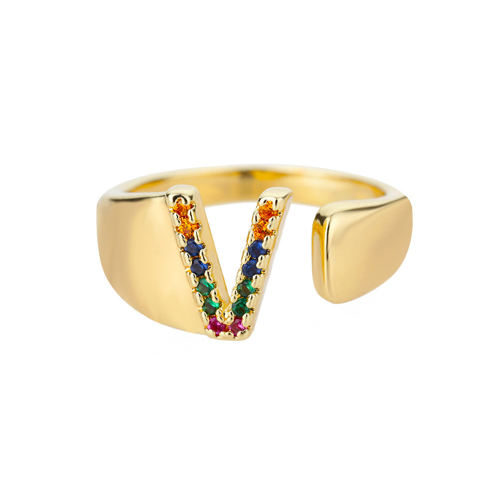 🎁 18K Gold Plated Micro Pave Colorful Zircon Letter Ring with 26 Letters Open Design (15% off)