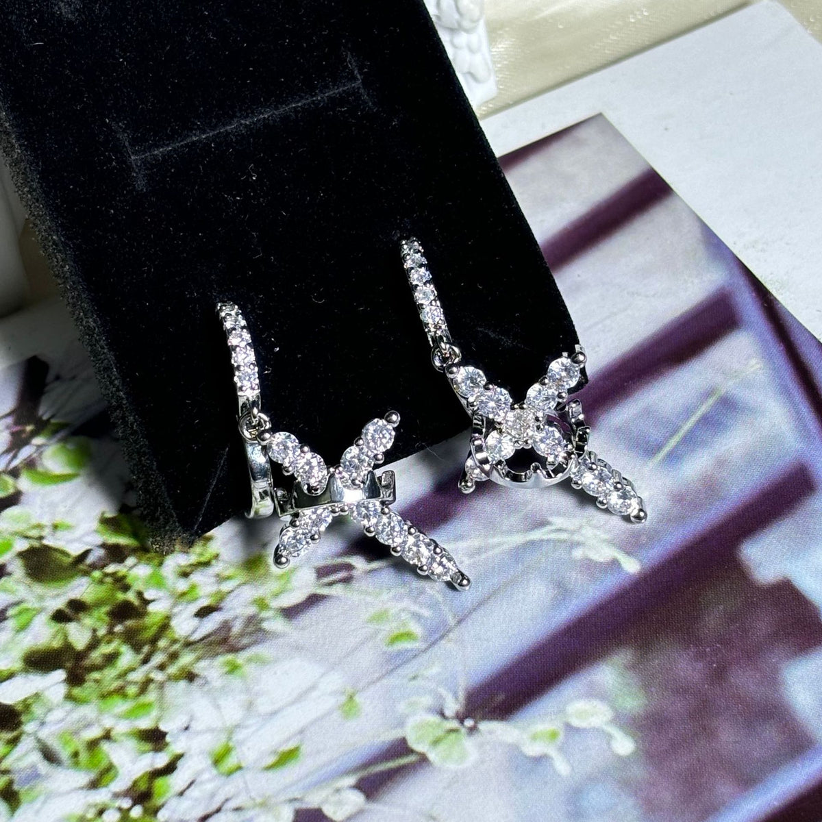 Rotating Crown Cross Earrings Set with Zircon