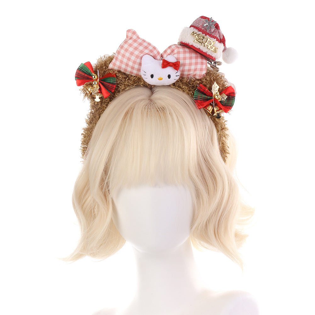 Christmas Plush Shellelue Headband with Bow, Red Kitty Hairband for Theme Park Photos