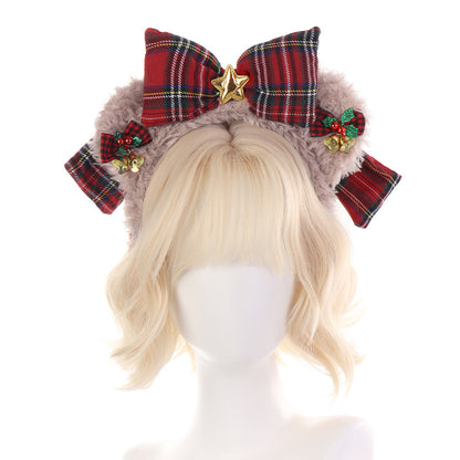 Christmas Plush Shellelue Headband with Bow, Red Kitty Hairband for Theme Park Photos