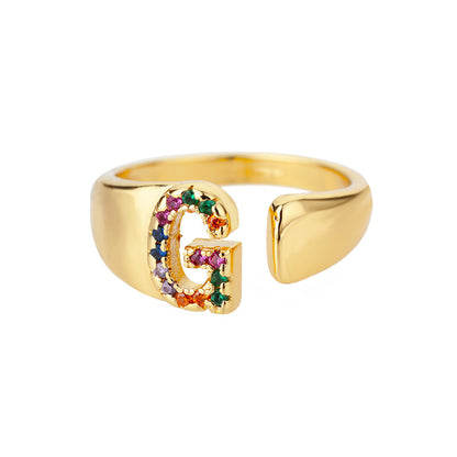 🎁 18K Gold Plated Micro Pave Colorful Zircon Letter Ring with 26 Letters Open Design (15% off)
