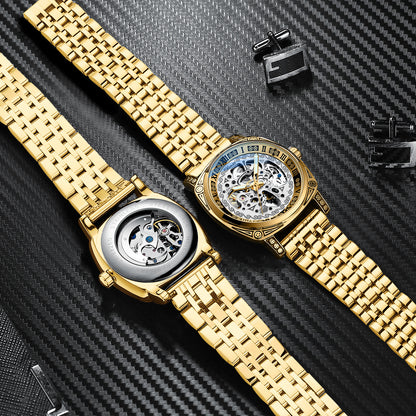 Dress: Vintage Engraved Mechanical Watch Men's Leather Waterproof Hollow-Out Fashion Style Men's Watch