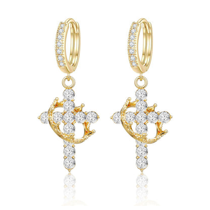 Rotating Crown Cross Earrings Set with Zircon