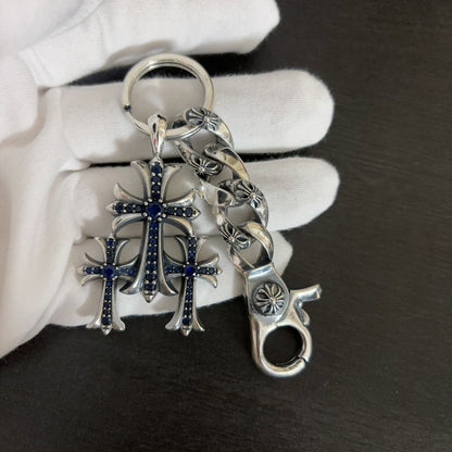 Vintage Thai Silver Three-in-One Cross Pendant Accessory, Trendy Hip-Hop Punk Style Personalized Charm, Couple Keychain