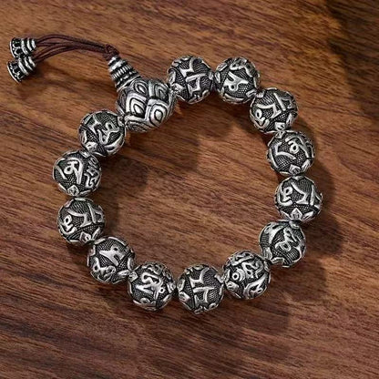 Ethnic Style Literary Buddhist Bead Men's Bracelet with Six-Syllable Mantra, Vintage Unique Design, Yunnan Snowflake Heart Sutra Beaded Bracelet