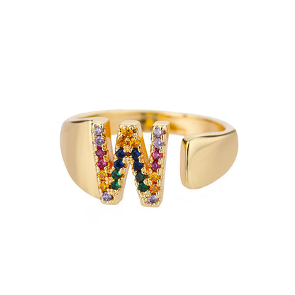 🎁 18K Gold Plated Micro Pave Colorful Zircon Letter Ring with 26 Letters Open Design (15% off)