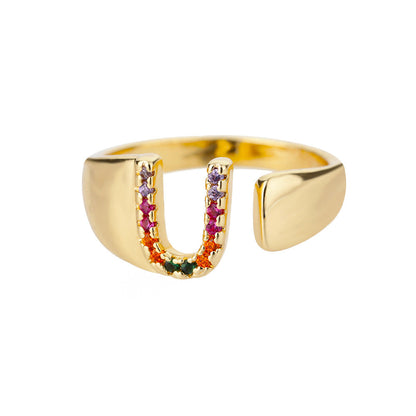 🎁 18K Gold Plated Micro Pave Colorful Zircon Letter Ring with 26 Letters Open Design (15% off)