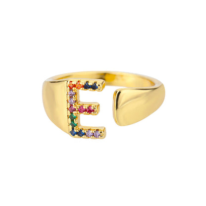 🎁 18K Gold Plated Micro Pave Colorful Zircon Letter Ring with 26 Letters Open Design (15% off)