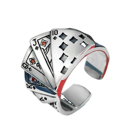 Vintage Silver Ring with Poker Pattern - Adjustable Opening for Men and Women, Retro and Unique Design