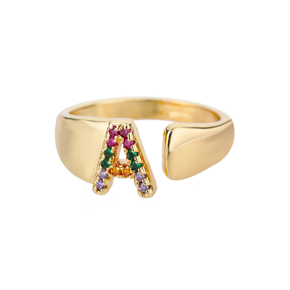 🎁 18K Gold Plated Micro Pave Colorful Zircon Letter Ring with 26 Letters Open Design (15% off)