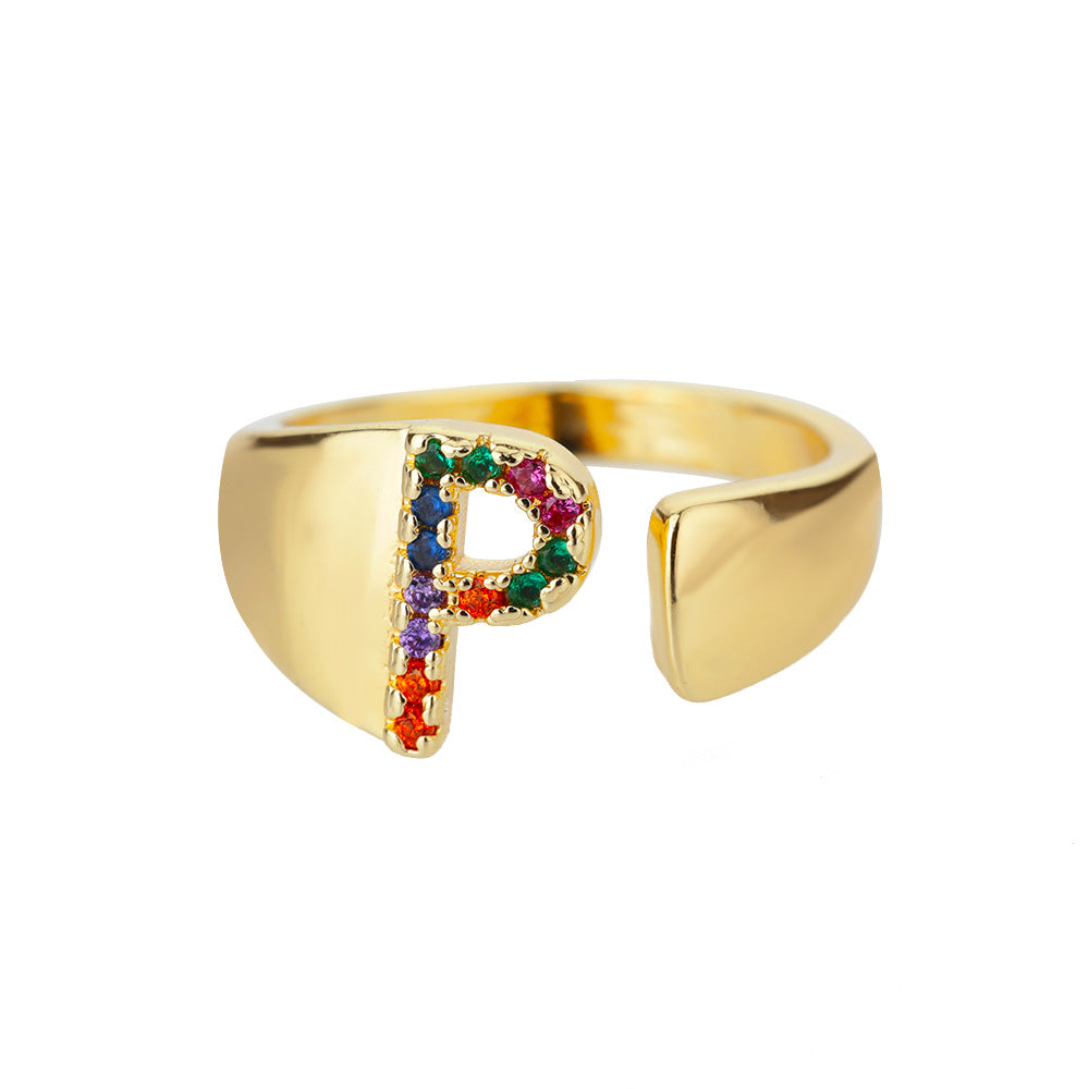 🎁 18K Gold Plated Micro Pave Colorful Zircon Letter Ring with 26 Letters Open Design (15% off)