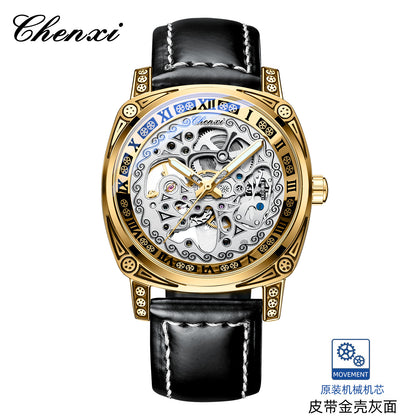 Dress: Vintage Engraved Mechanical Watch Men's Leather Waterproof Hollow-Out Fashion Style Men's Watch