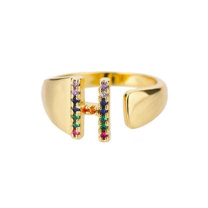 🎁 18K Gold Plated Micro Pave Colorful Zircon Letter Ring with 26 Letters Open Design (15% off)