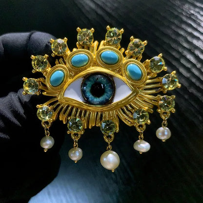 New Exaggerated Devil's Eye Brooch Baroque Pearl Tassel for Men Women Unisex Pin Jewelry European And American Vintage