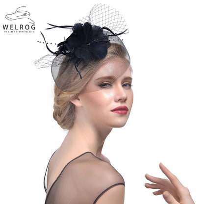 WELROG Feather Cap Lady Cocktail Dinner Party Fedoras Wedding Bridal Mesh Veil Hats Vintage Sombreros Chapeau Fascinators Hat
